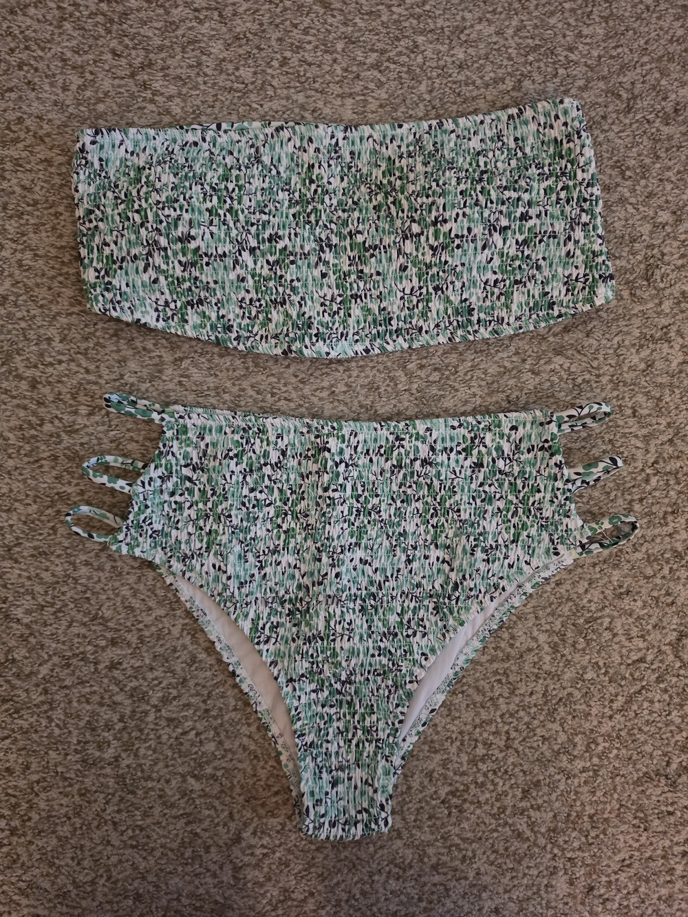 Green & White Smocked Two-Piece Bikini Set
